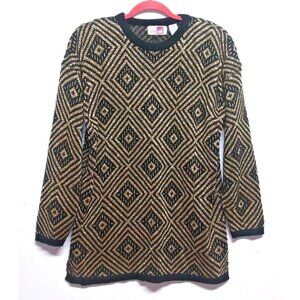 VTG Sweater Black Gold Pullover GLAM womens Sz M Geometric LS Sheridan Square